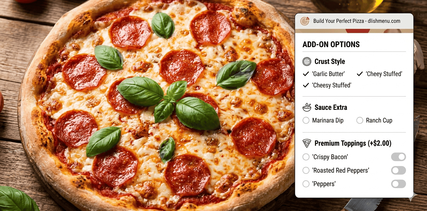 Digital pizza menu interface showing add-on modifiers and topping options on dlishmenu.com builder